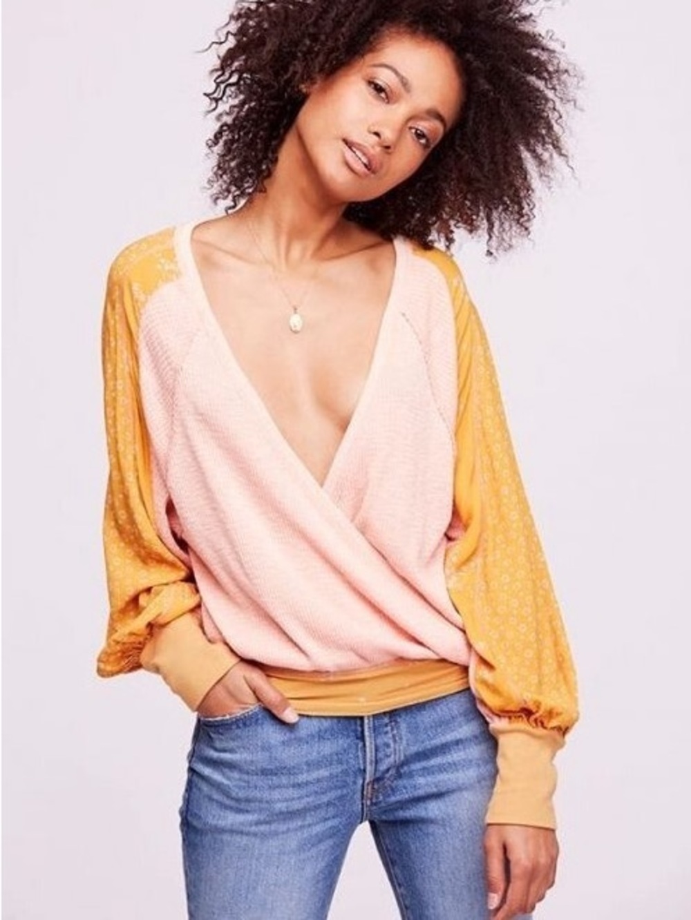 Free People Auxton Thermal Wrap Top | Pink & Mustard | Size S/P